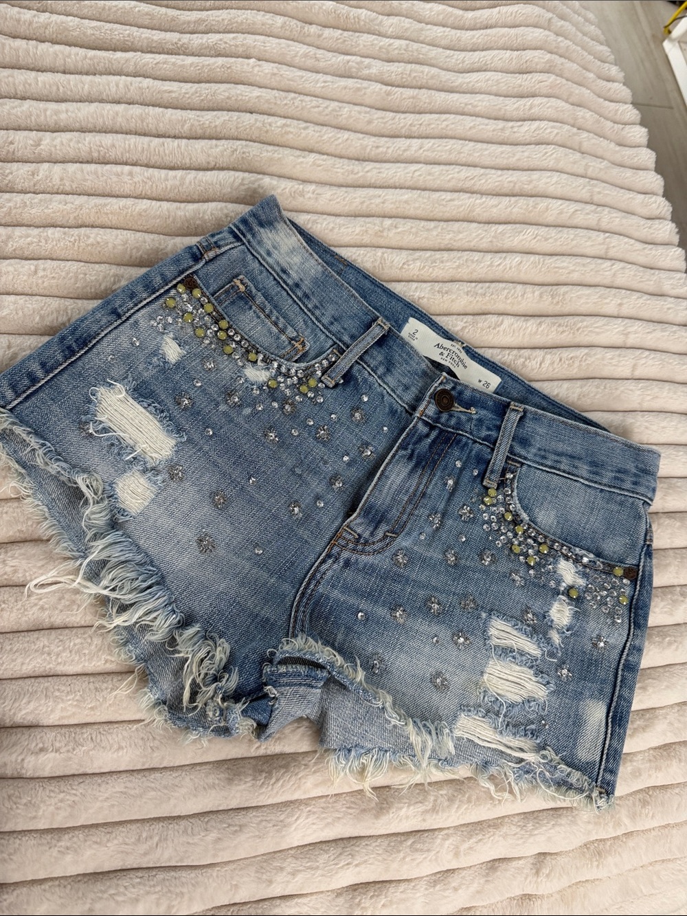 Abercrombie & Fitch Light Blue Distressed Rhinestone Denim Shorts